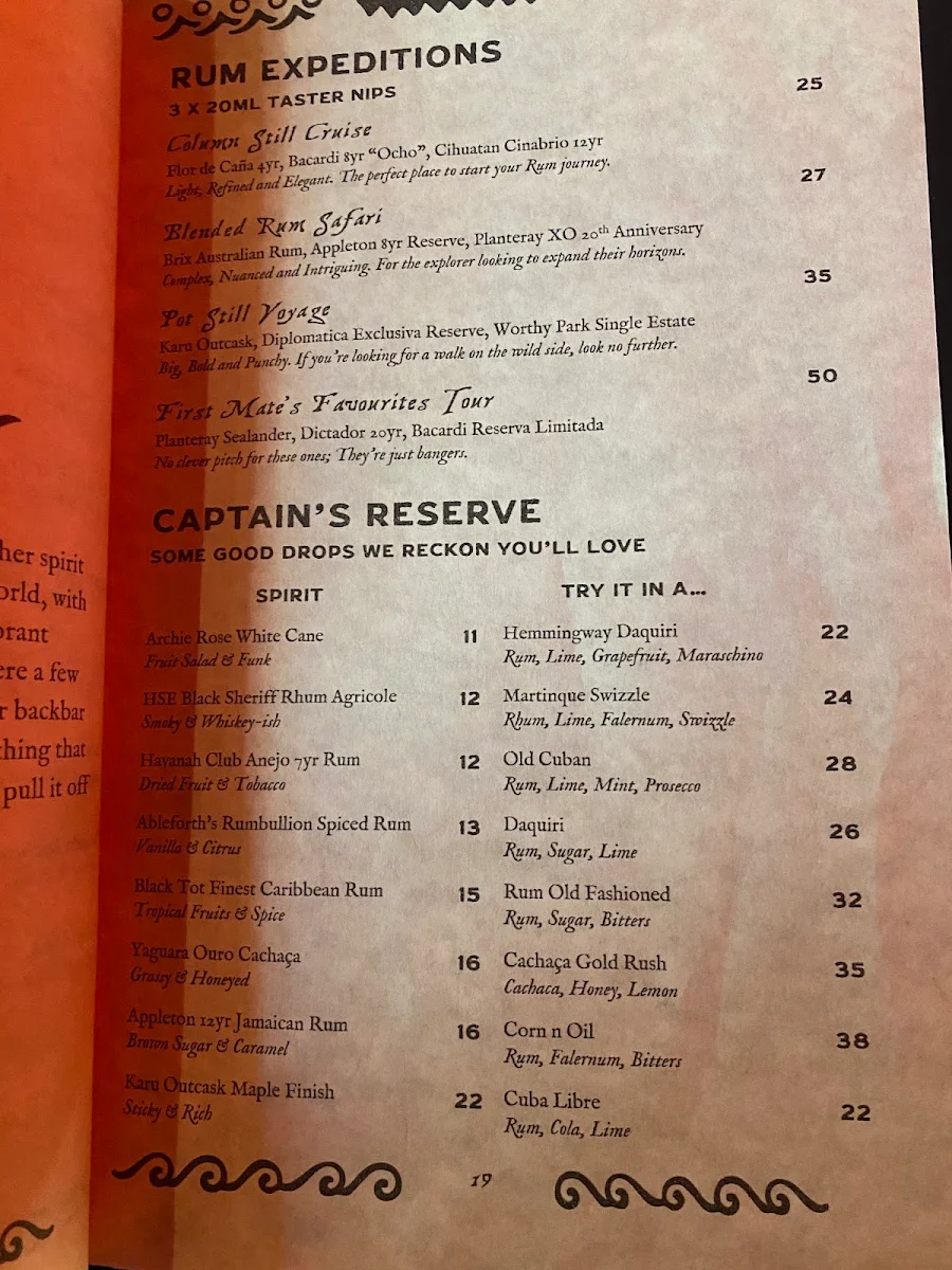 Menu, Scoundrel's Rest