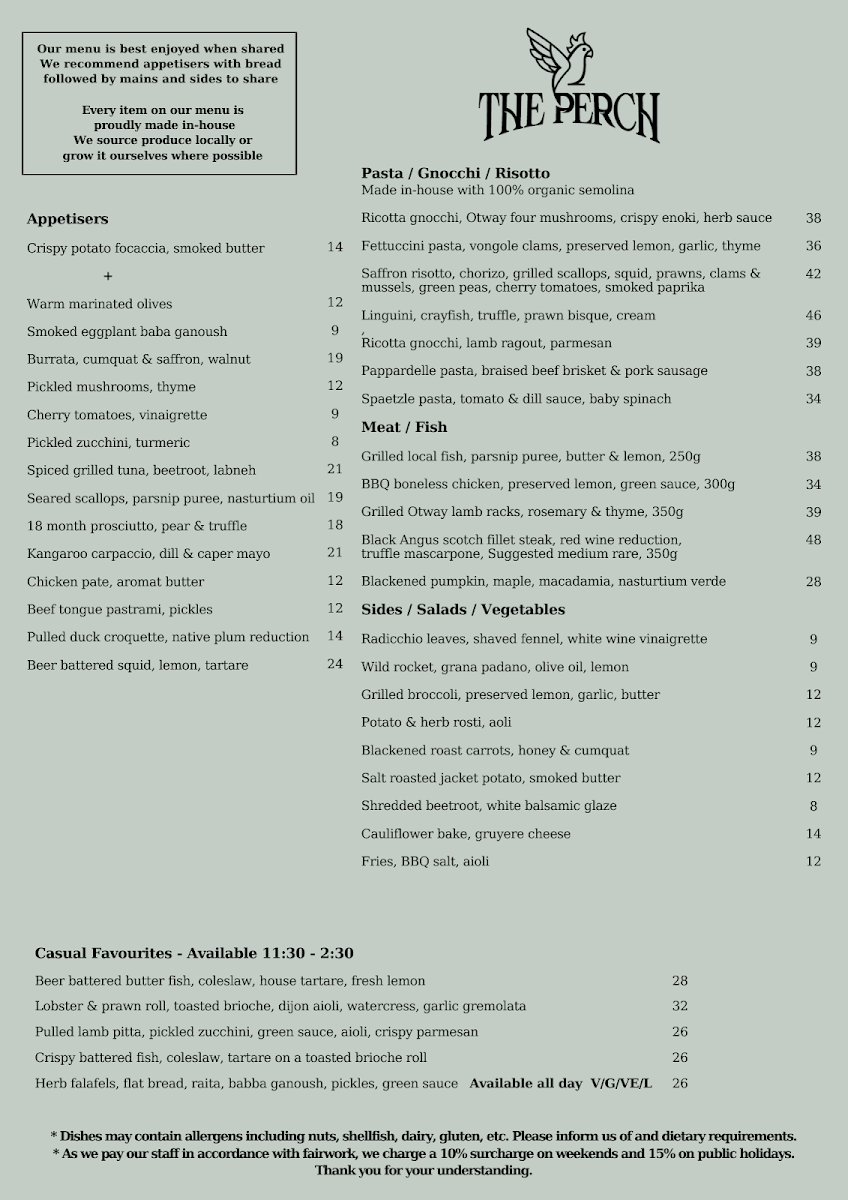 Menu, The Perch Restaurant - Winery - Gardens