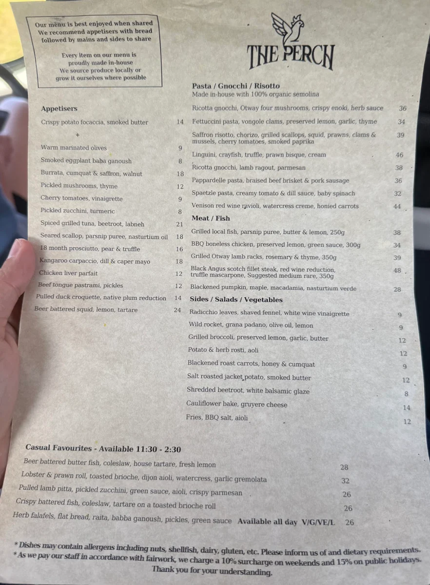 Menu, The Perch Restaurant - Winery - Gardens