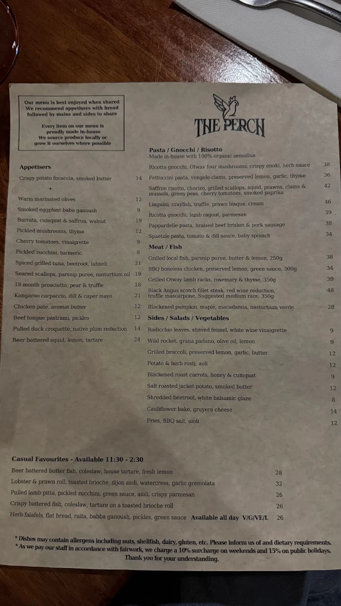 Menu, The Perch Restaurant - Winery - Gardens