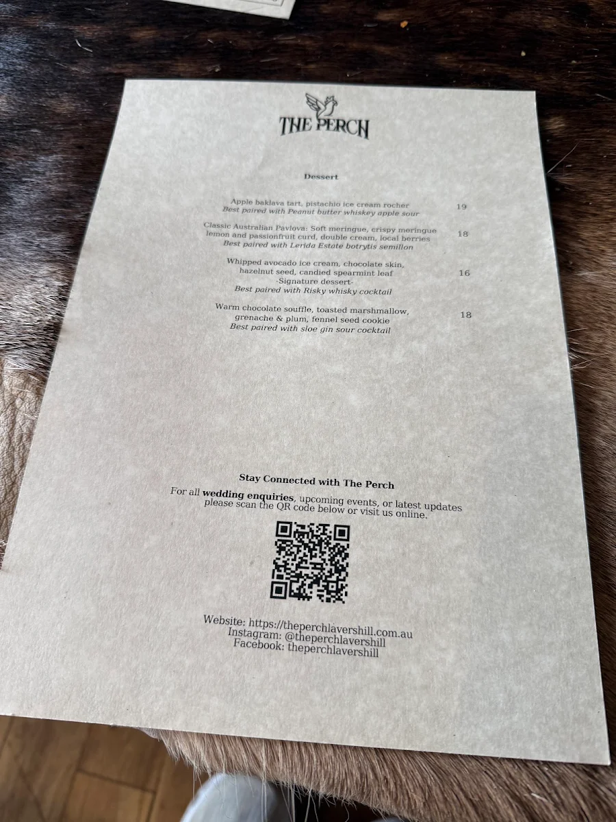 Menu, The Perch Restaurant - Winery - Gardens