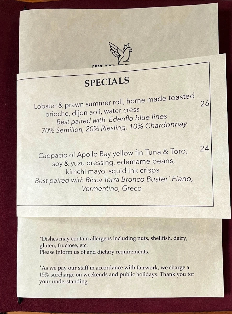 Menu, The Perch Restaurant - Winery - Gardens