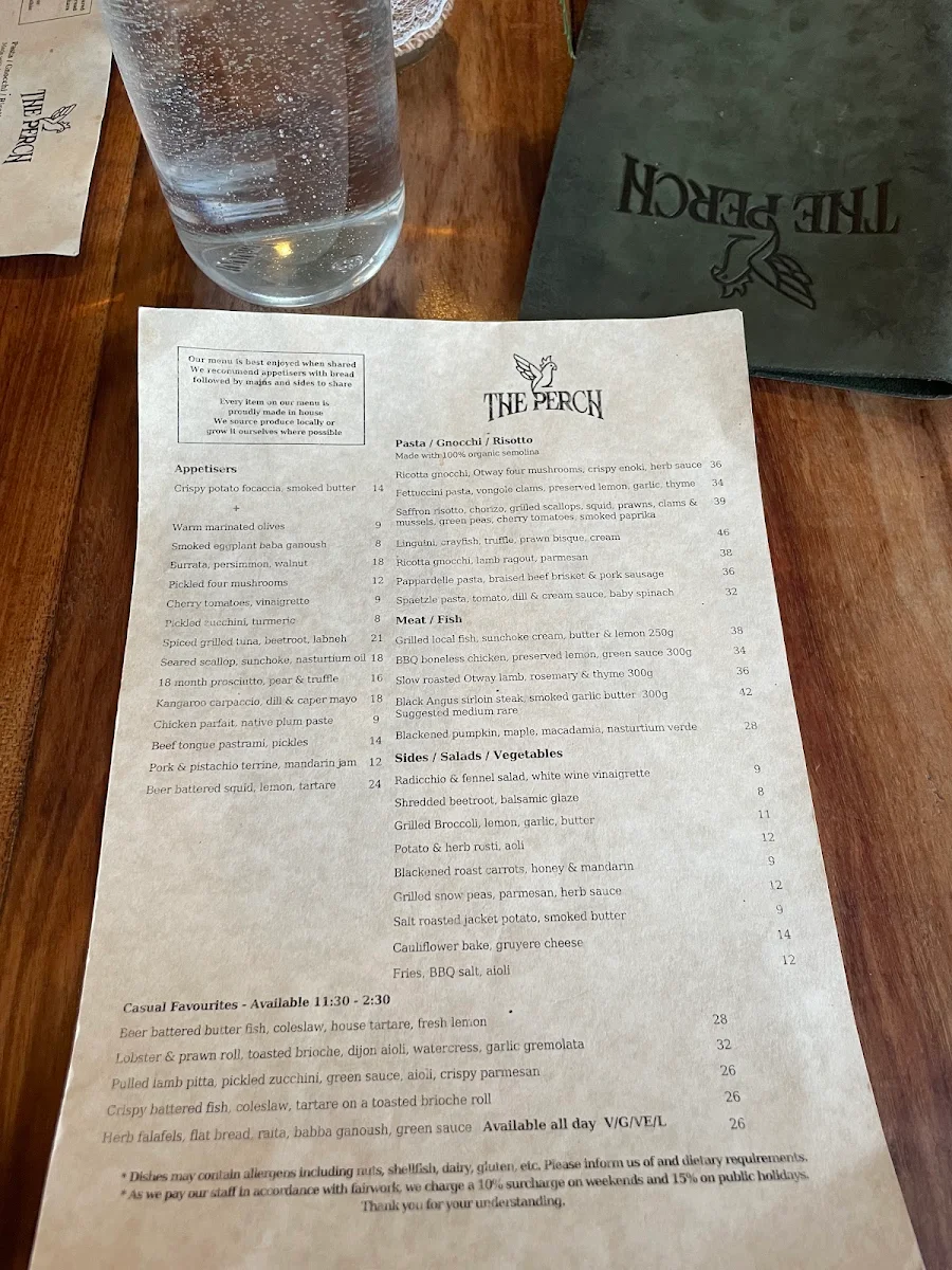 Menu, The Perch Restaurant - Winery - Gardens