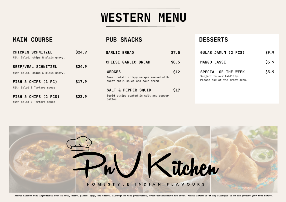 Menu, PnV Kitchen