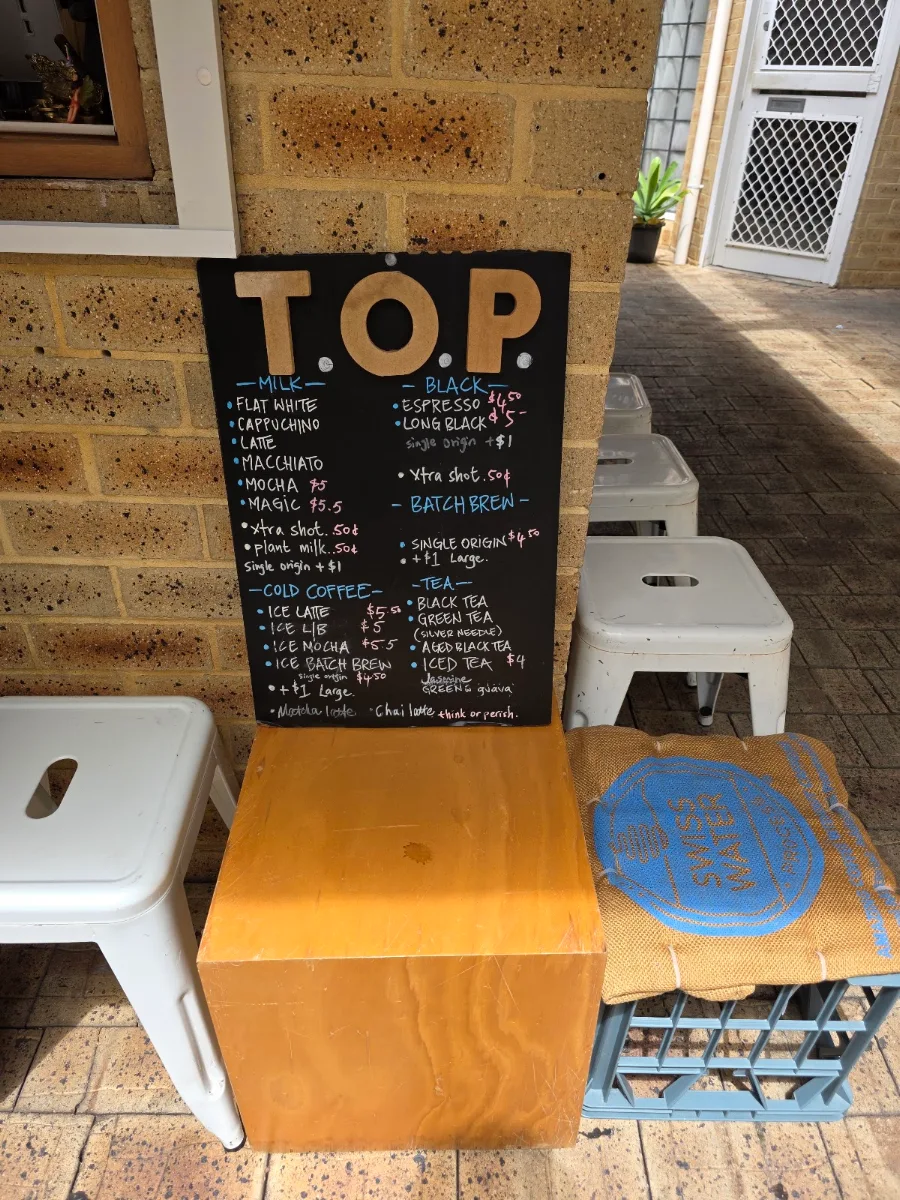 Menu, T.O.P Coffee Roasters