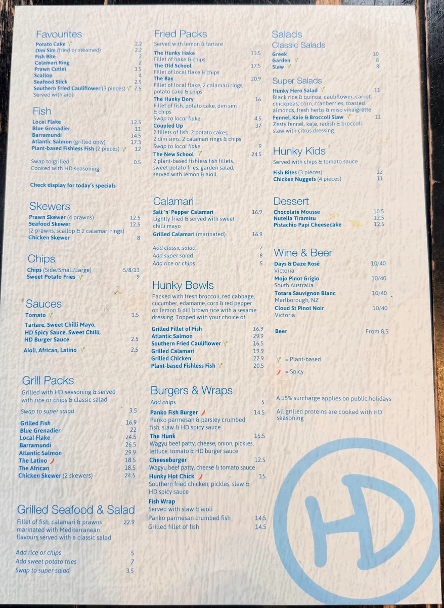 Menu, Hunky Dory Fish & Chips Eastland