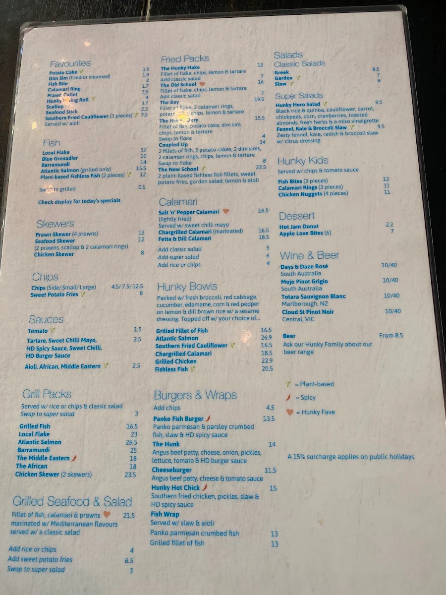 Menu, Hunky Dory Fish & Chips Eastland