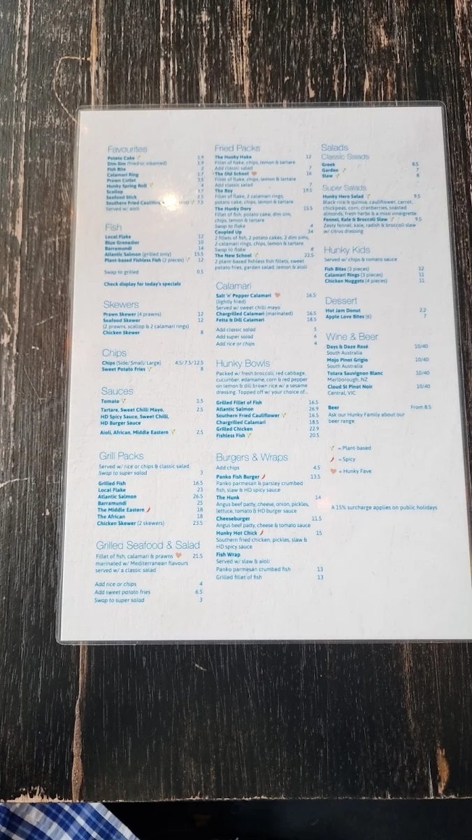 Menu, Hunky Dory Fish & Chips Eastland
