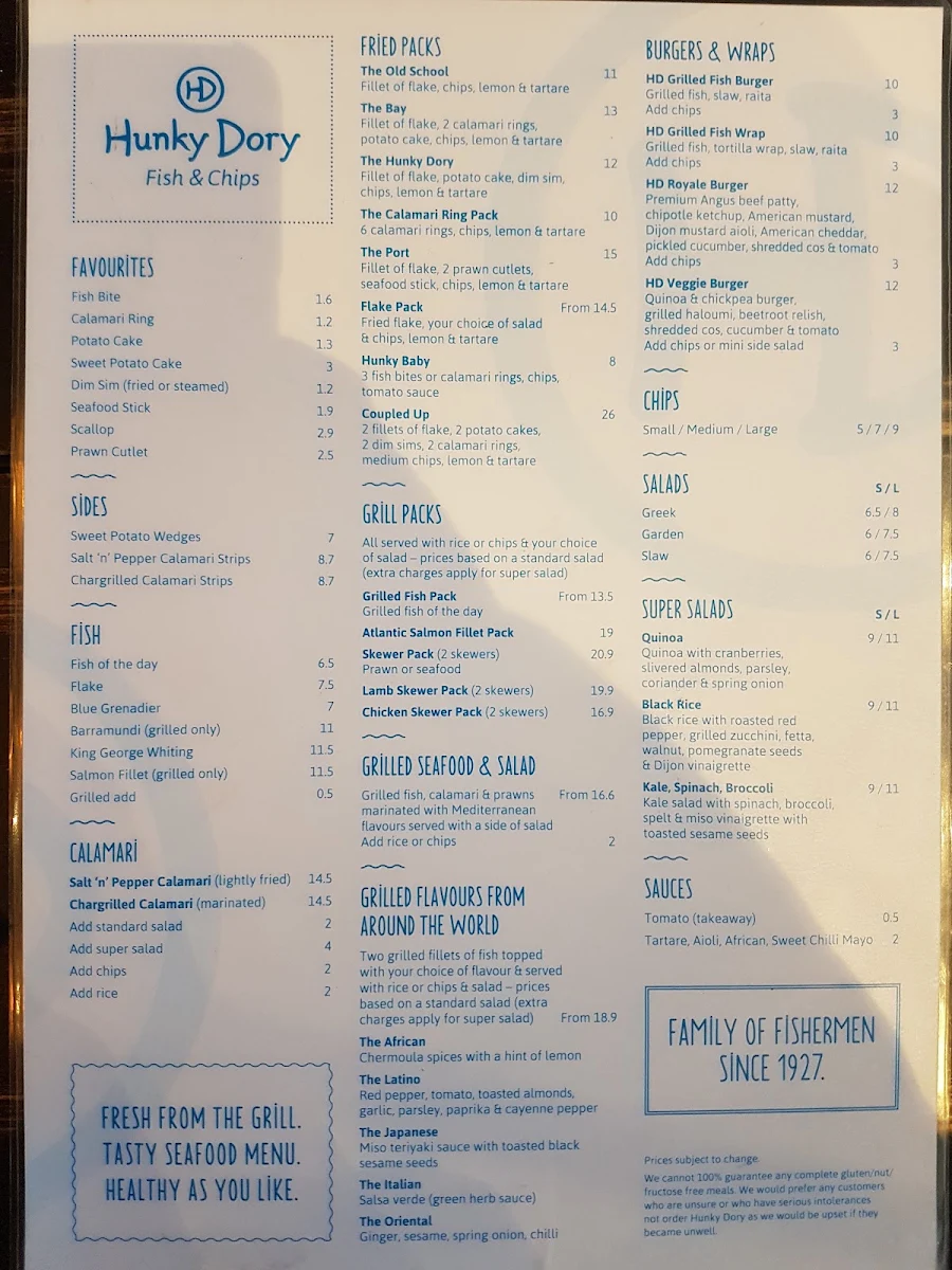 Menu, Hunky Dory Fish & Chips Eastland