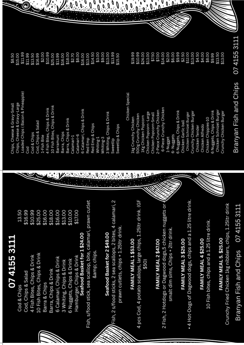 Menu, Branyan Fish and Chips(AquaGirls Takeaway)