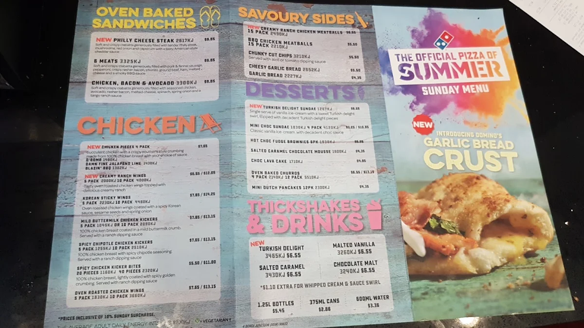 Menu, Domino's Pizza Bondi Junction