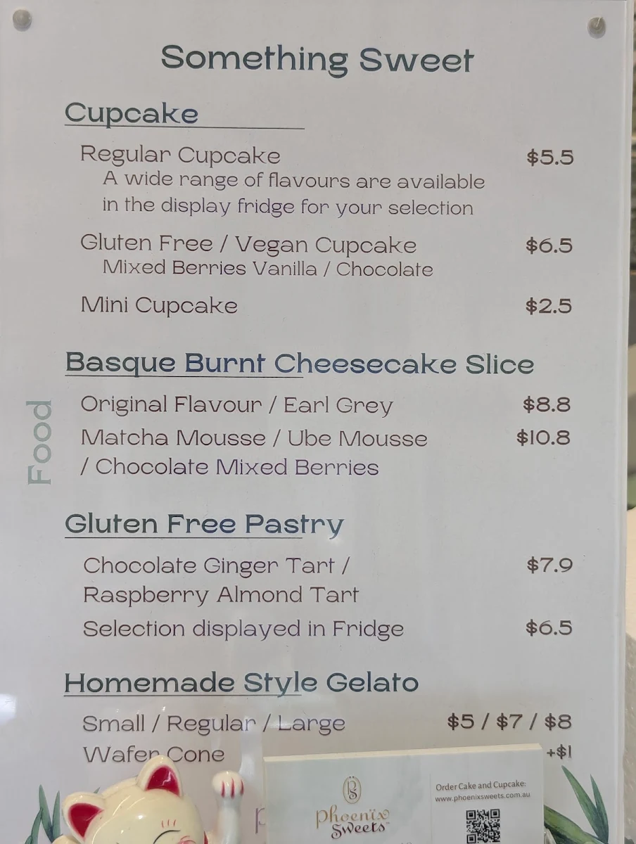 Menu, Phoenix Sweets Cakery