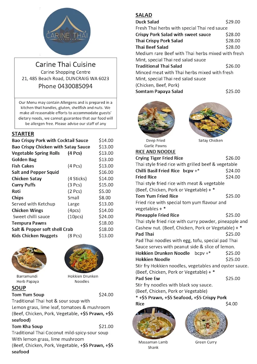 Menu, Carine Thai Restaurant