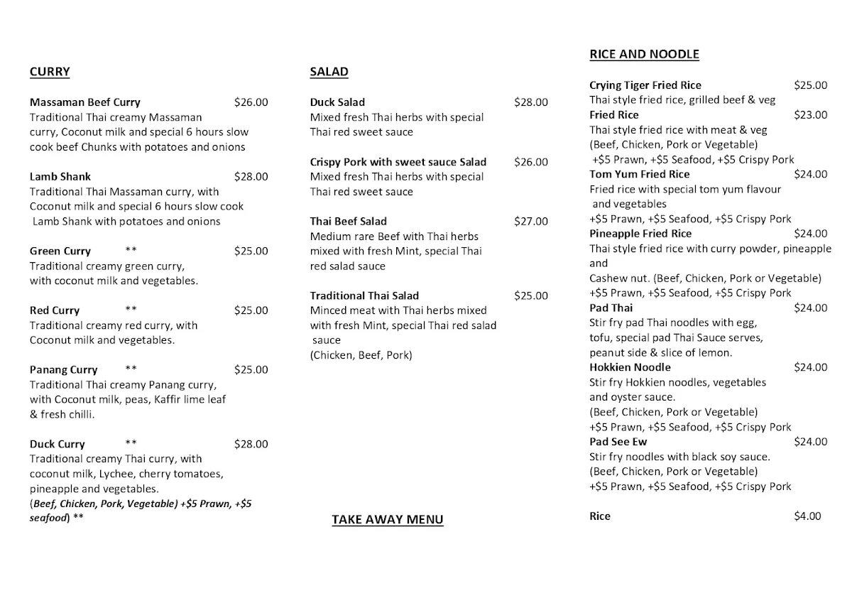 Menu, Carine Thai Restaurant