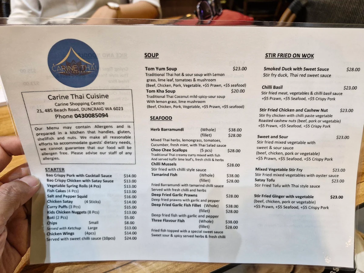 Menu, Carine Thai Restaurant