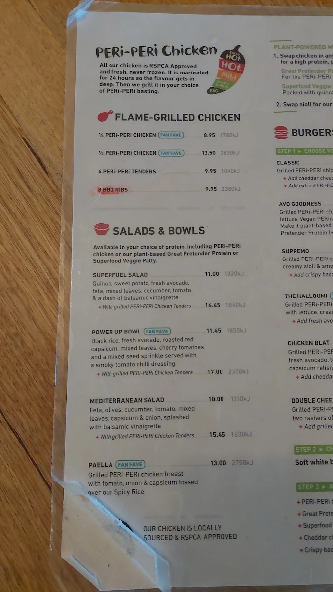 Menu, Nando's Hillarys
