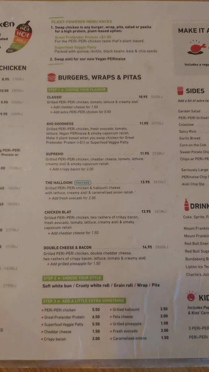 Menu, Nando's Hillarys