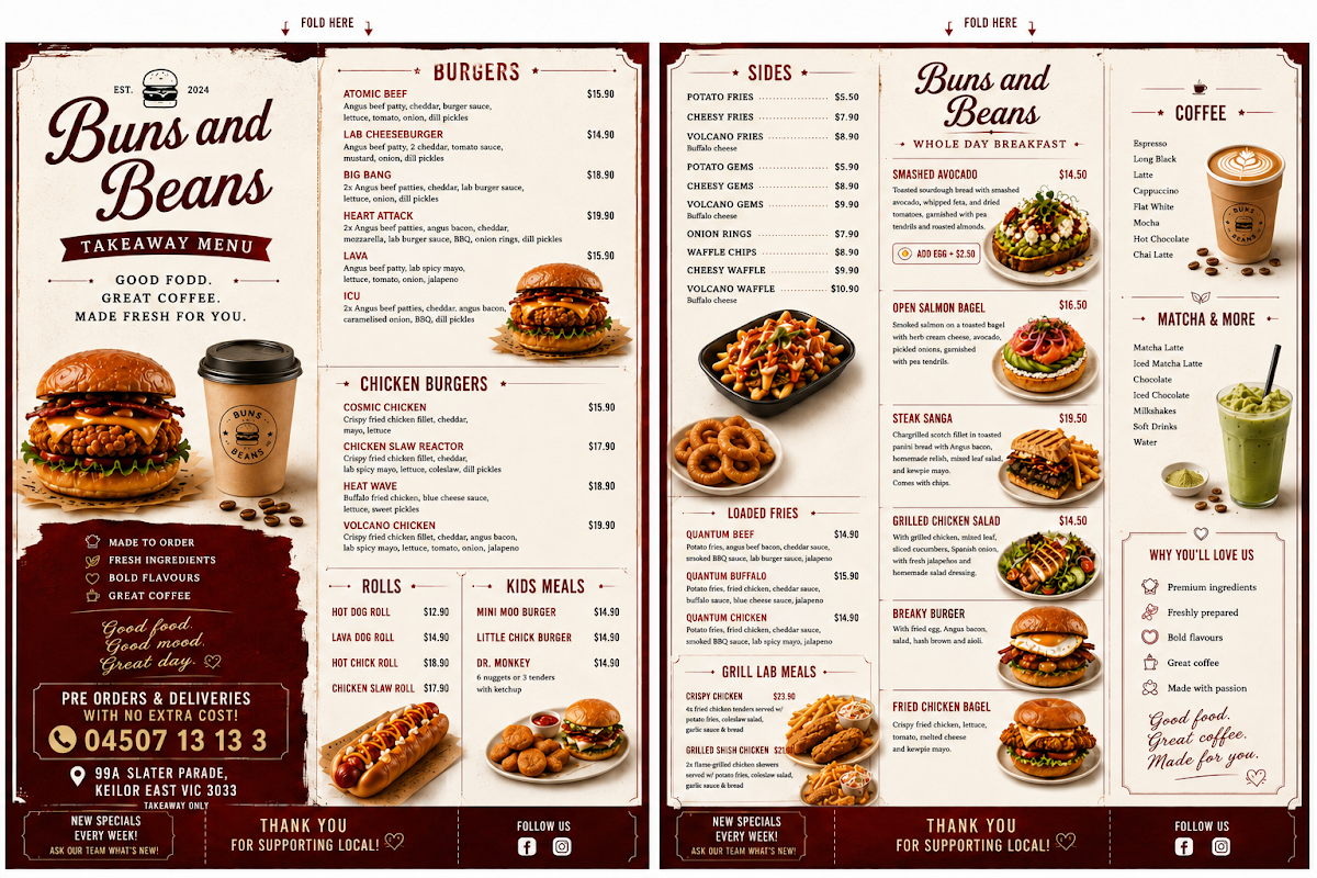 Menu, Buns and Beans
