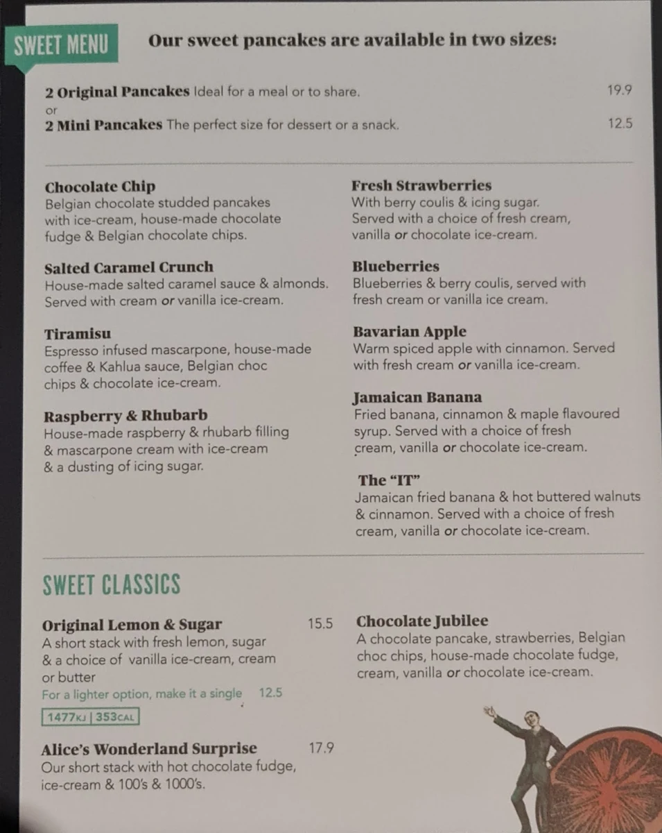 Menu, The Pancake Parlour Malvern East