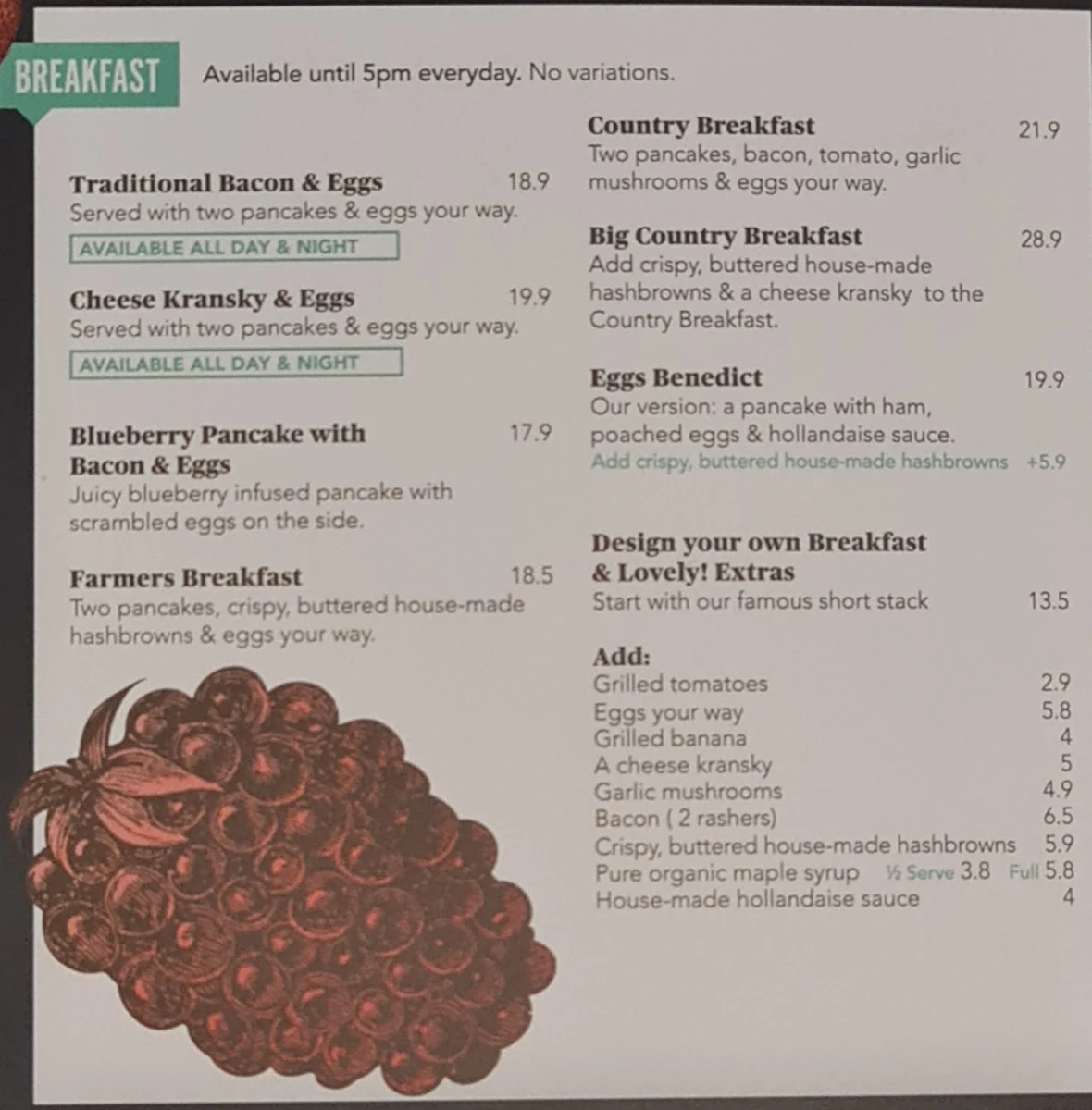Menu, The Pancake Parlour Malvern East