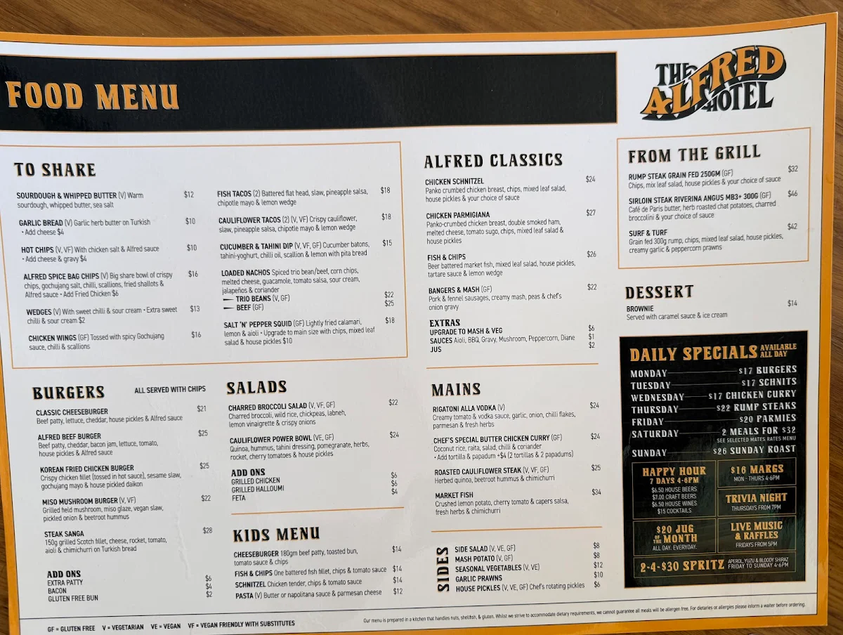 Menu, Alfred Hotel