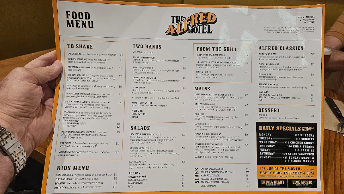 Menu, Alfred Hotel