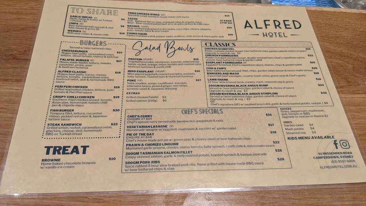 Menu, Alfred Hotel