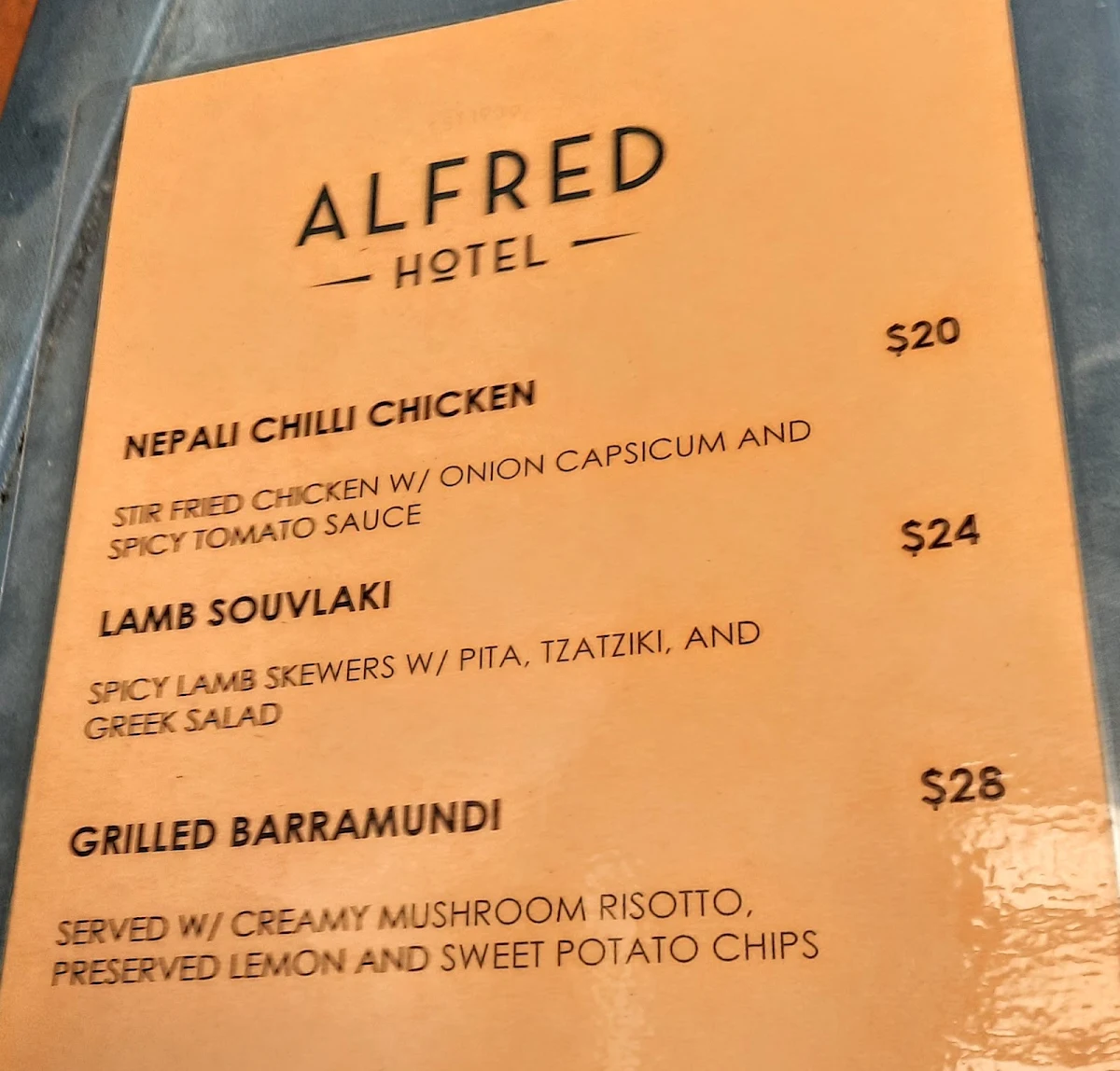 Menu, Alfred Hotel