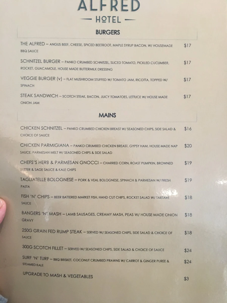 Menu, Alfred Hotel