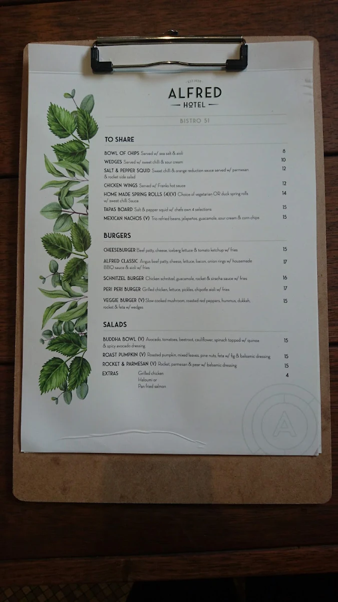 Menu, Alfred Hotel