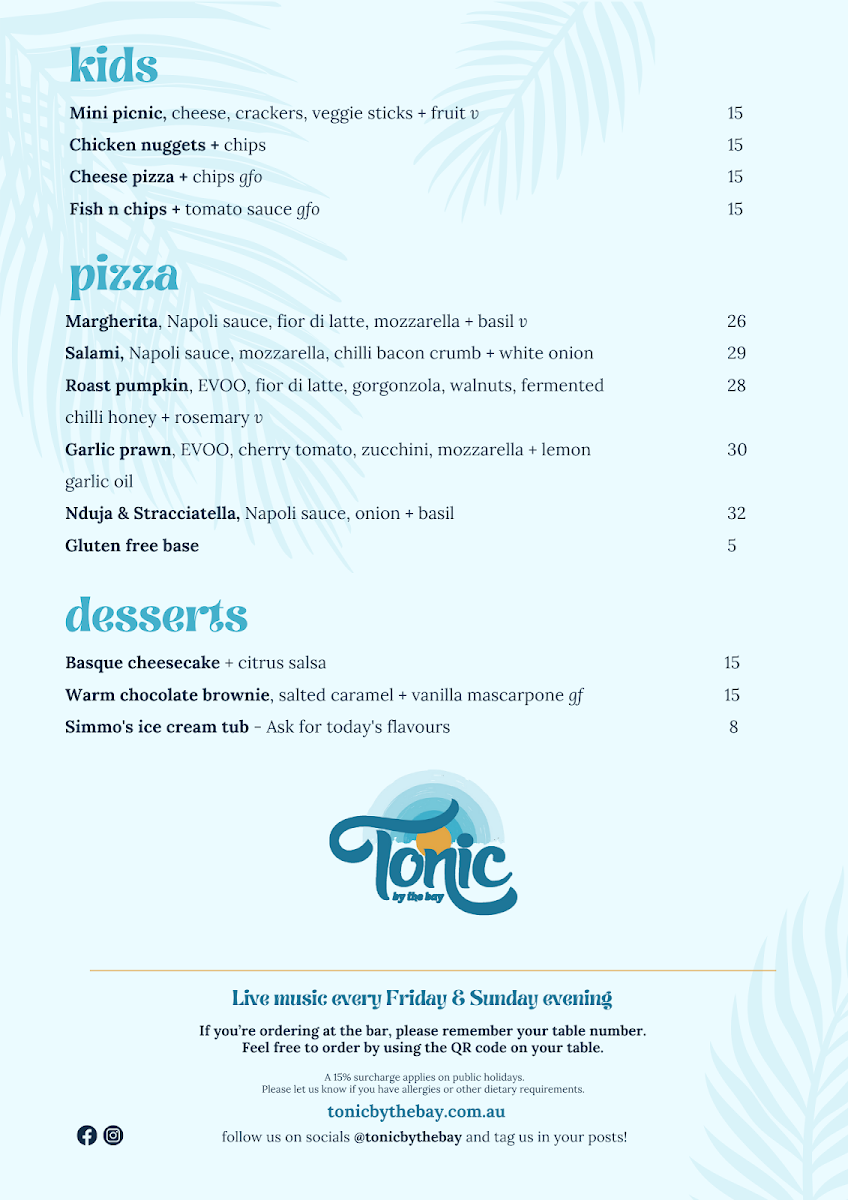 Menu, Tonic By The Bay