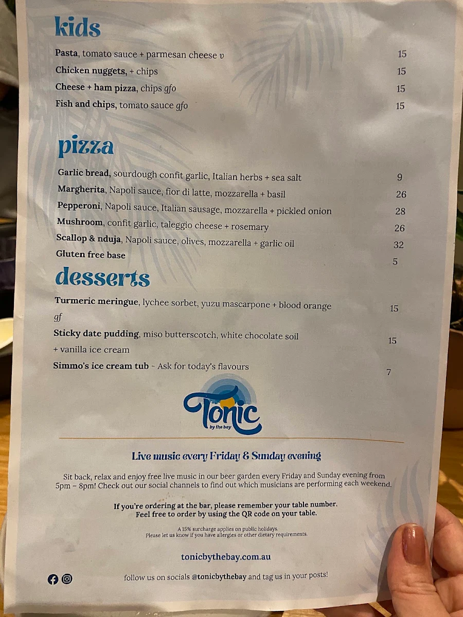 Menu, Tonic By The Bay