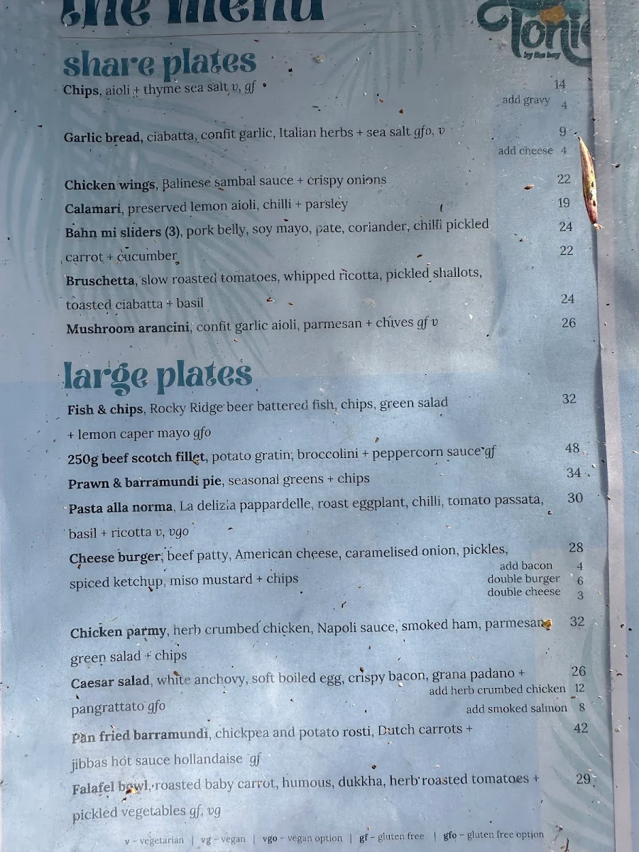 Menu, Tonic By The Bay