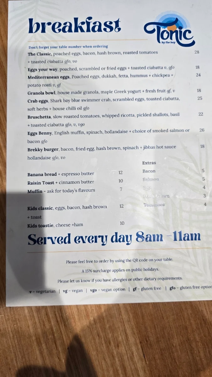 Menu, Tonic By The Bay