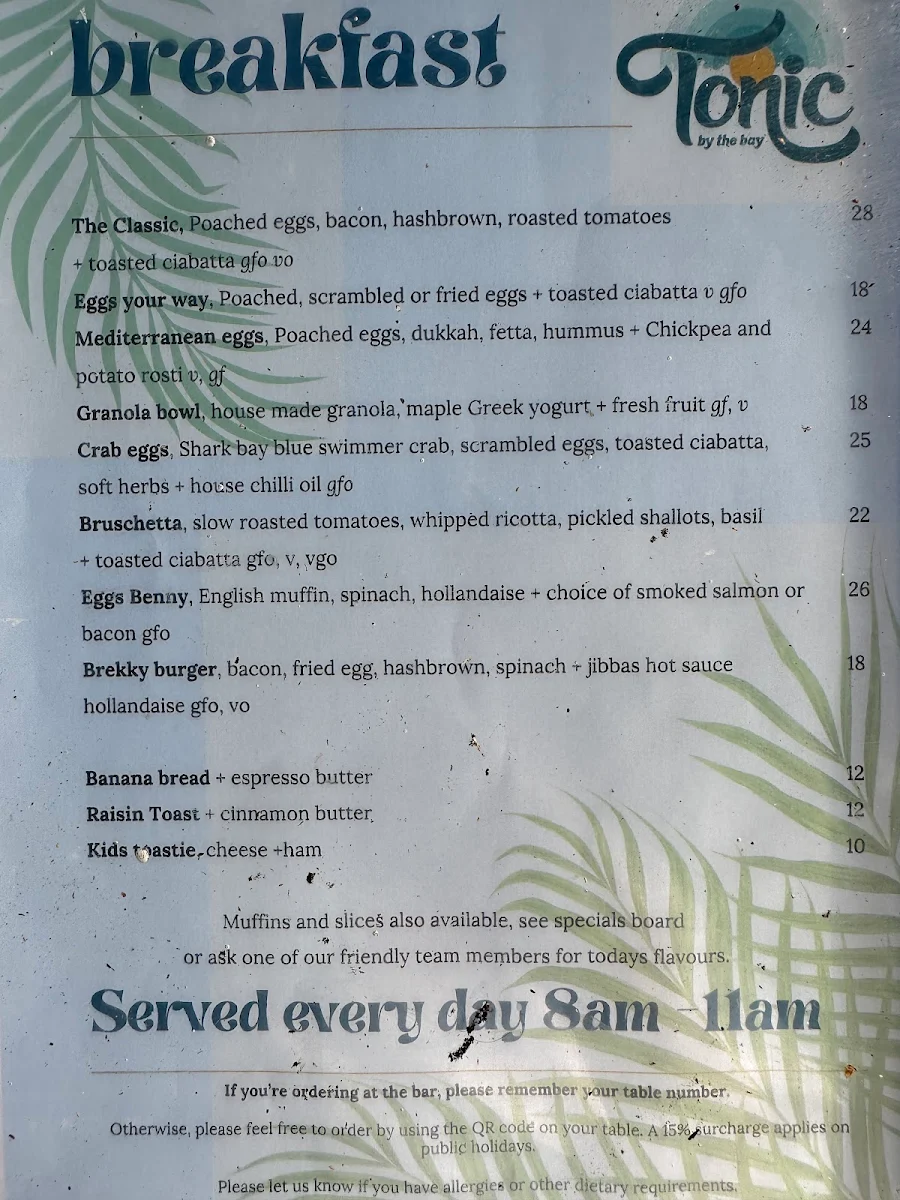 Menu, Tonic By The Bay