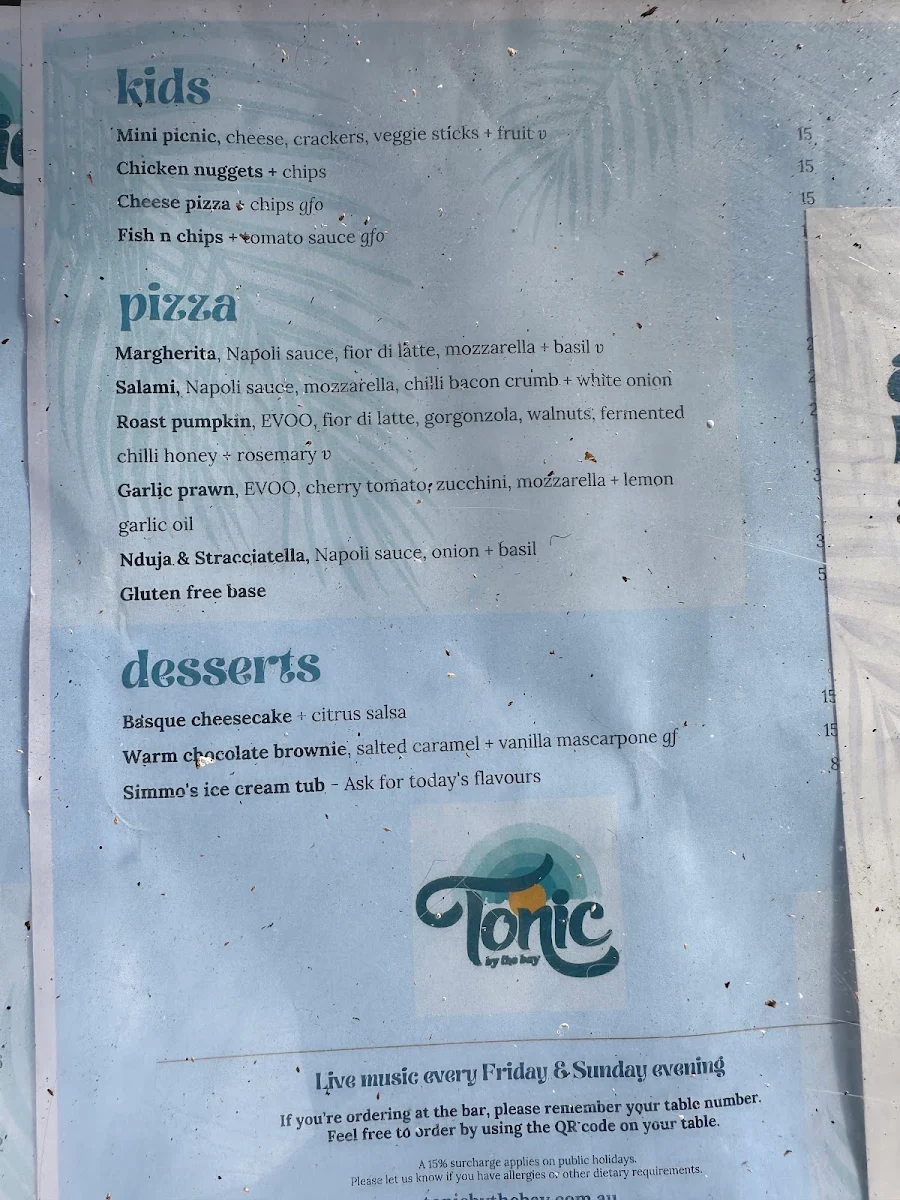 Menu, Tonic By The Bay
