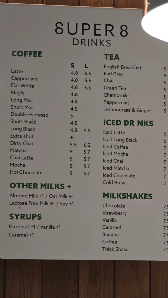 Menu, Super Eight
