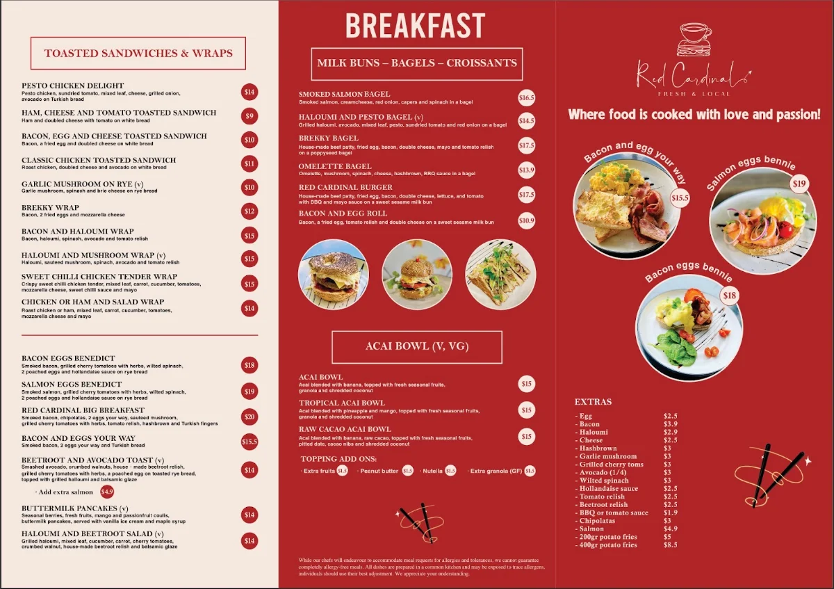 Menu, RED CARDINAL CAFE