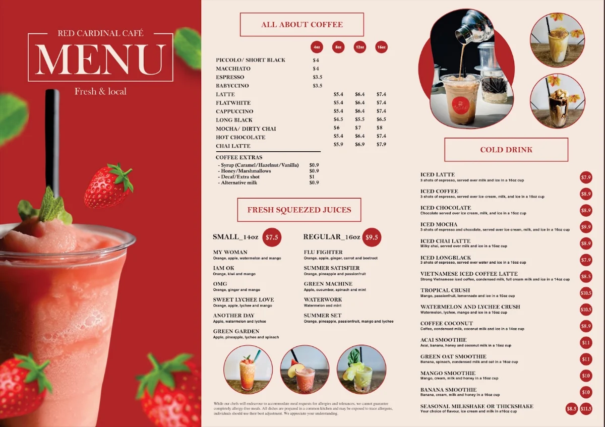 Menu, RED CARDINAL CAFE