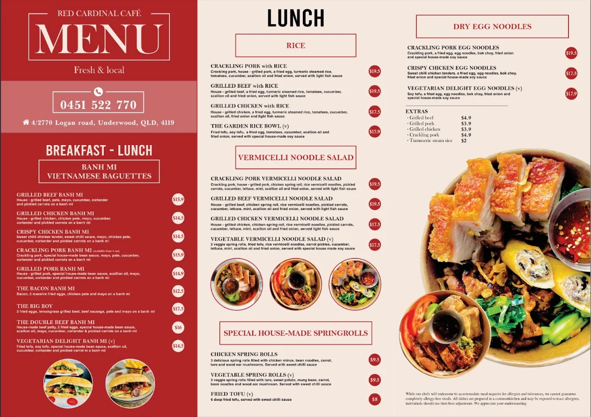 Menu, RED CARDINAL CAFE