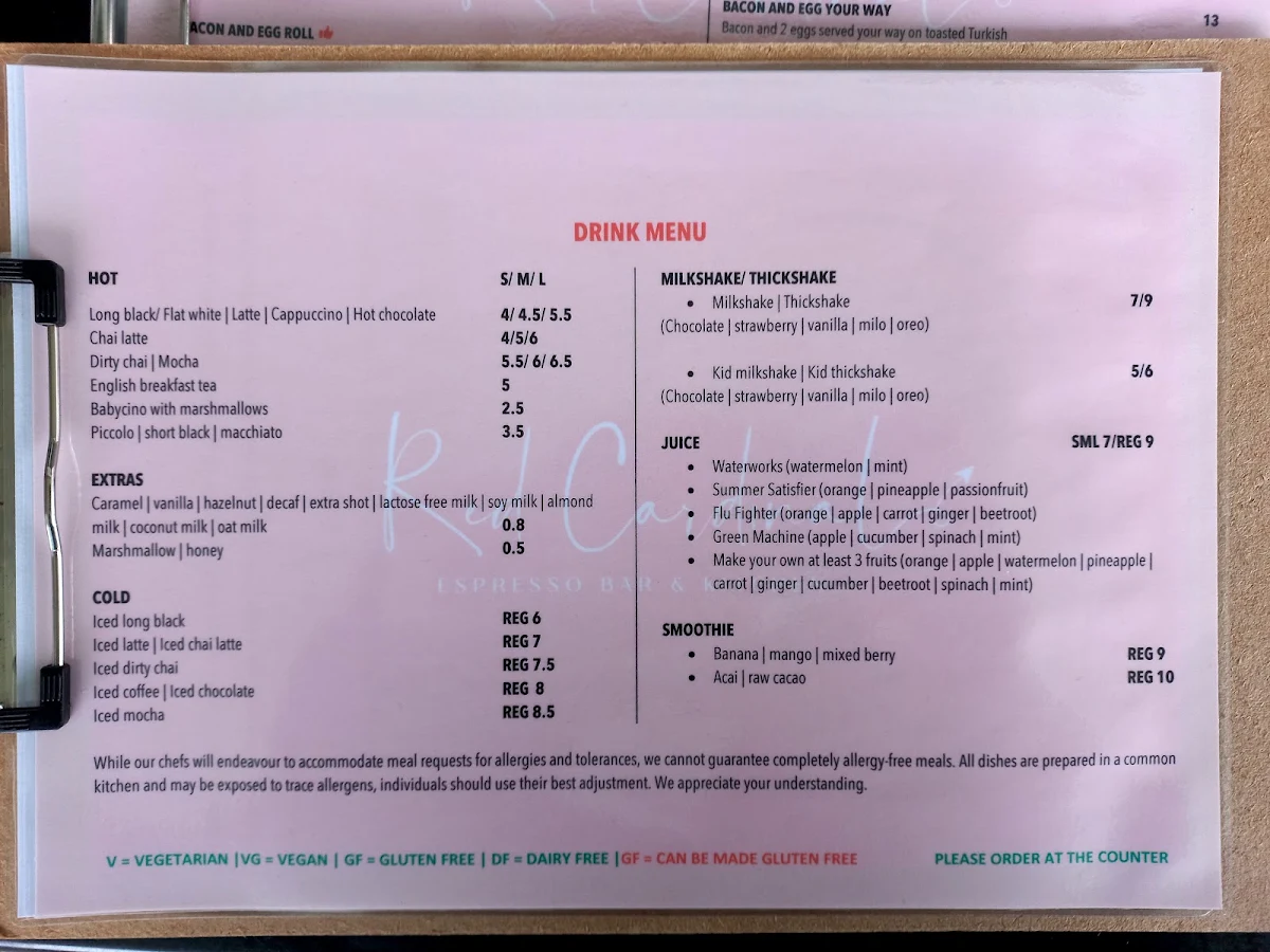Menu, RED CARDINAL CAFE