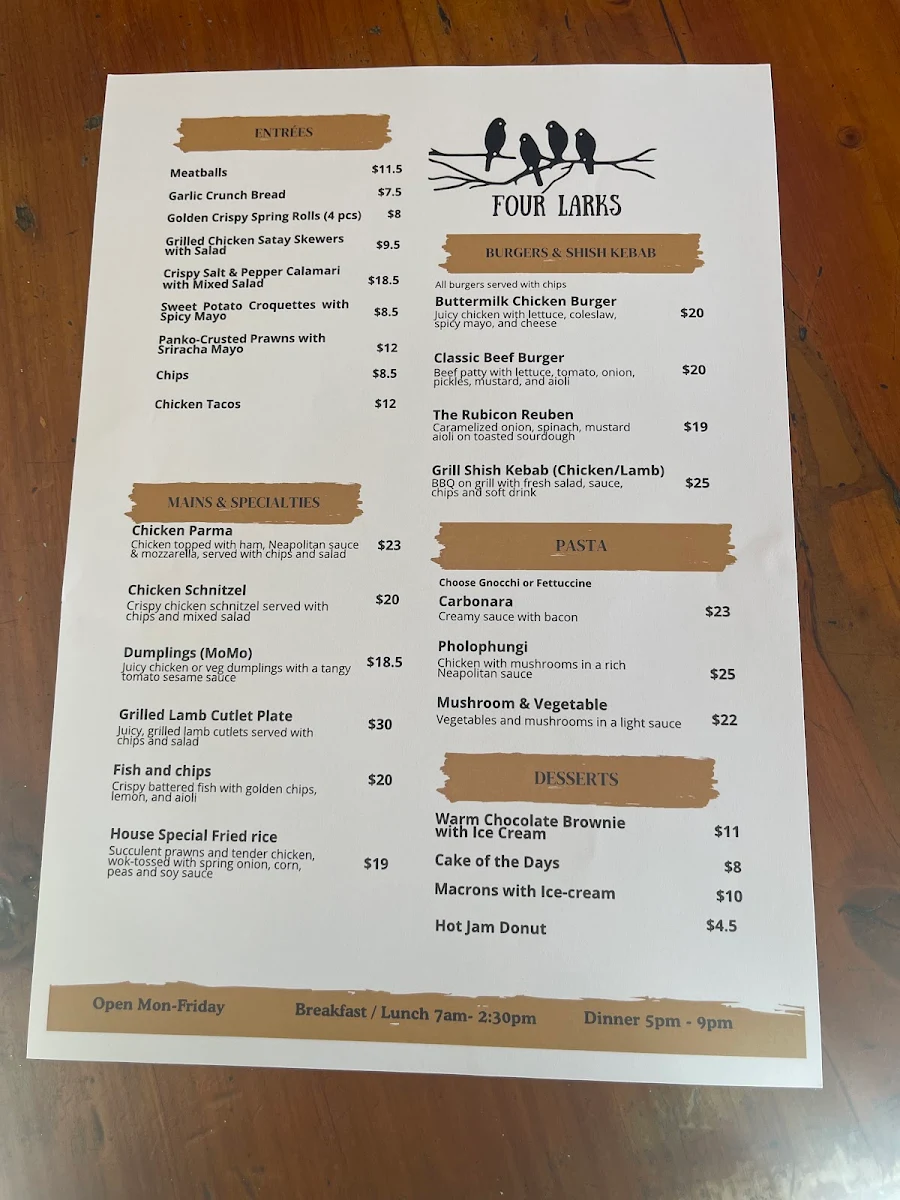 Menu, Four Larks Cafe Function & Catering