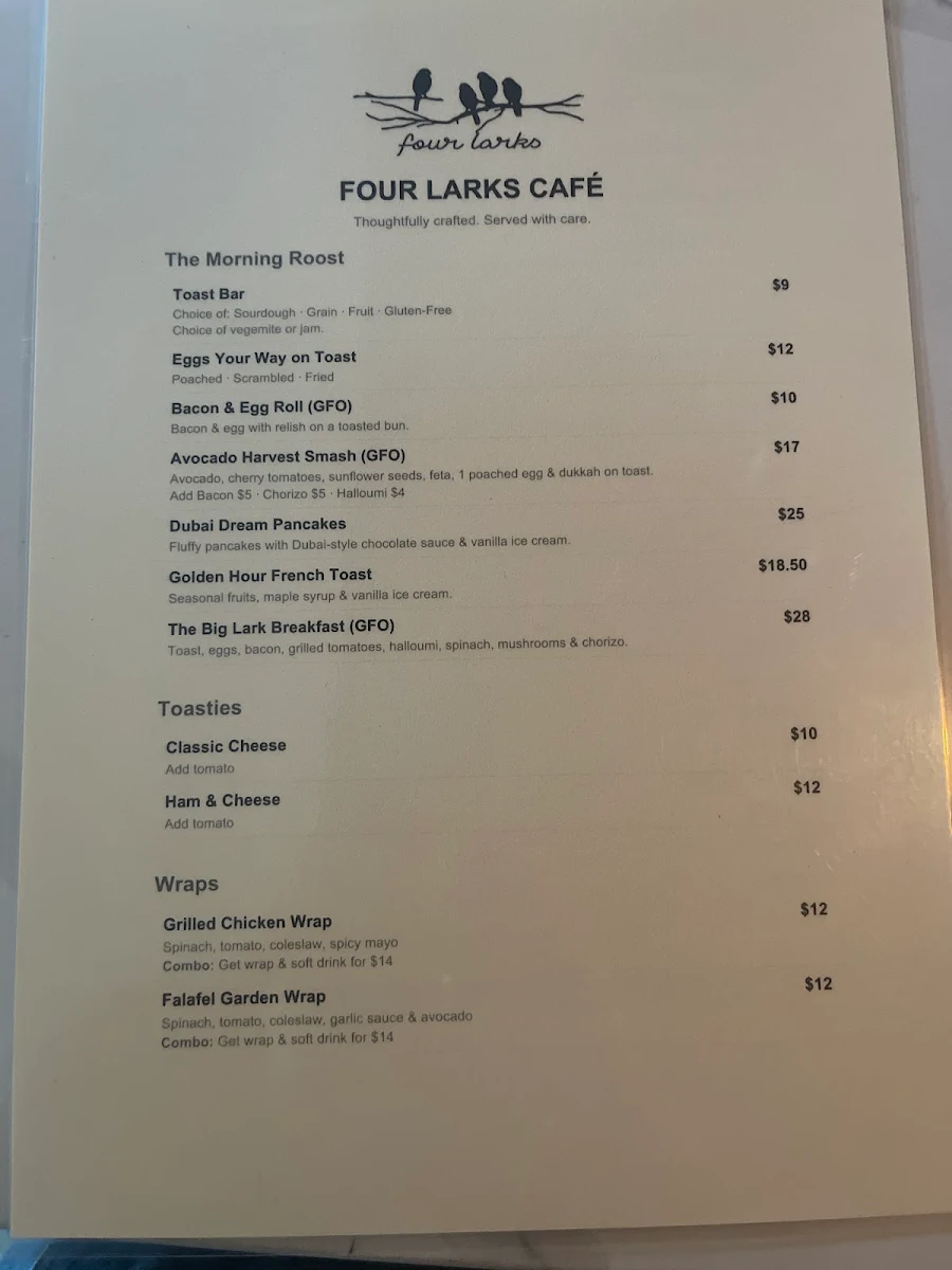 Menu, Four Larks Cafe Function & Catering