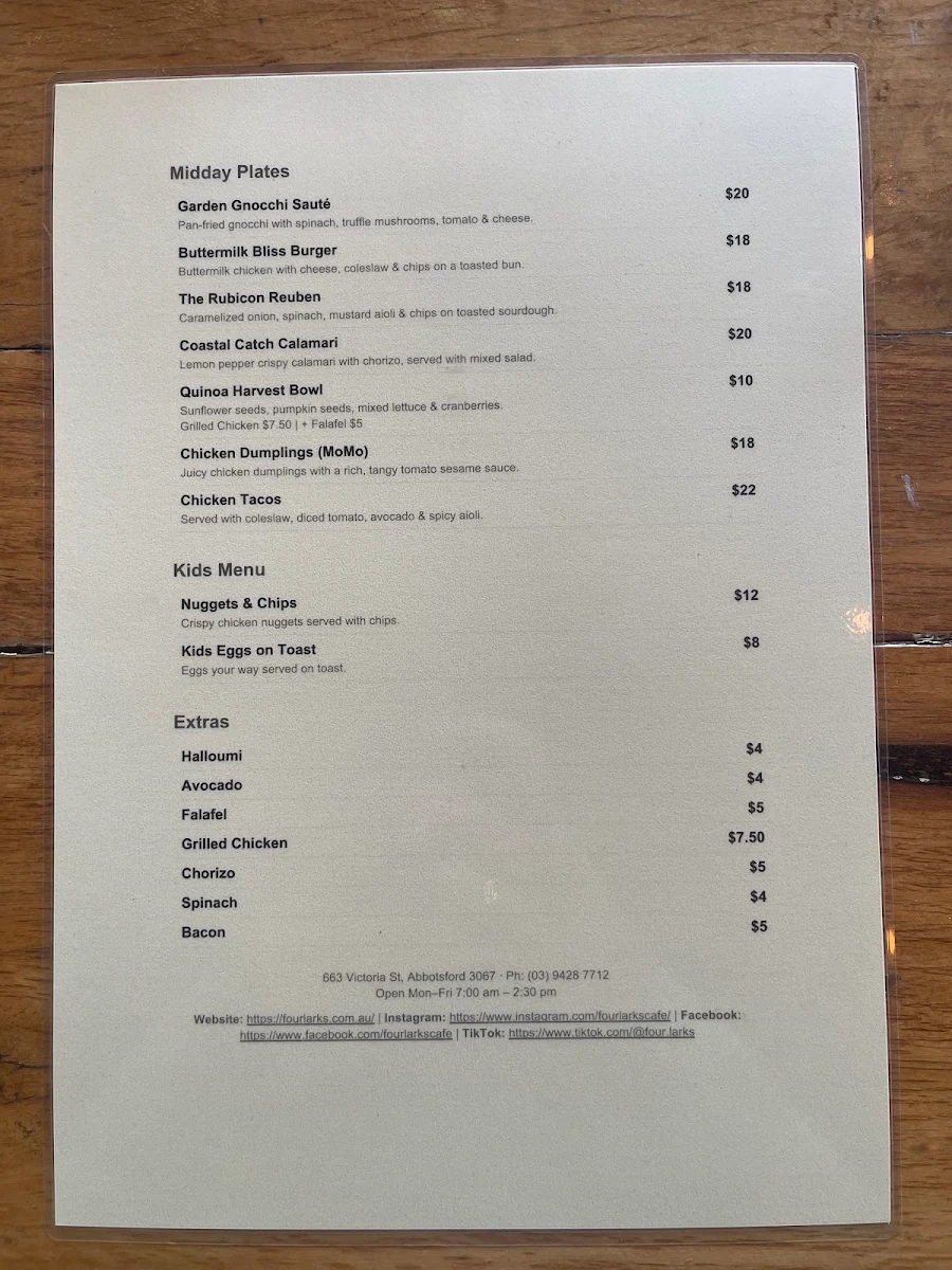 Menu, Four Larks Cafe Function & Catering