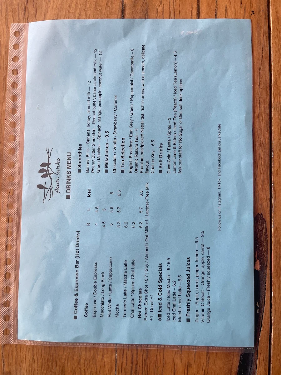 Menu, Four Larks Cafe Function & Catering