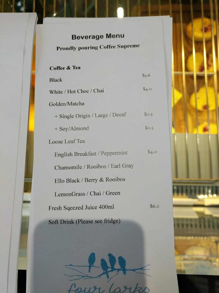 Menu, Four Larks Cafe Function & Catering