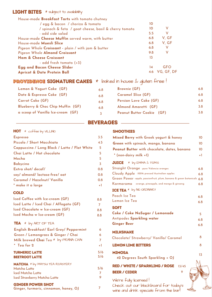Menu, Providence Cafe & Bar