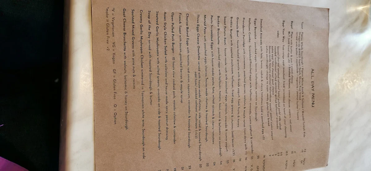 Menu, Providence Cafe & Bar