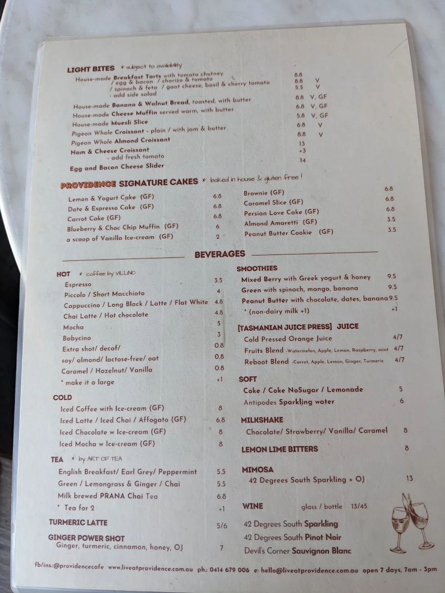 Menu, Providence Cafe & Bar