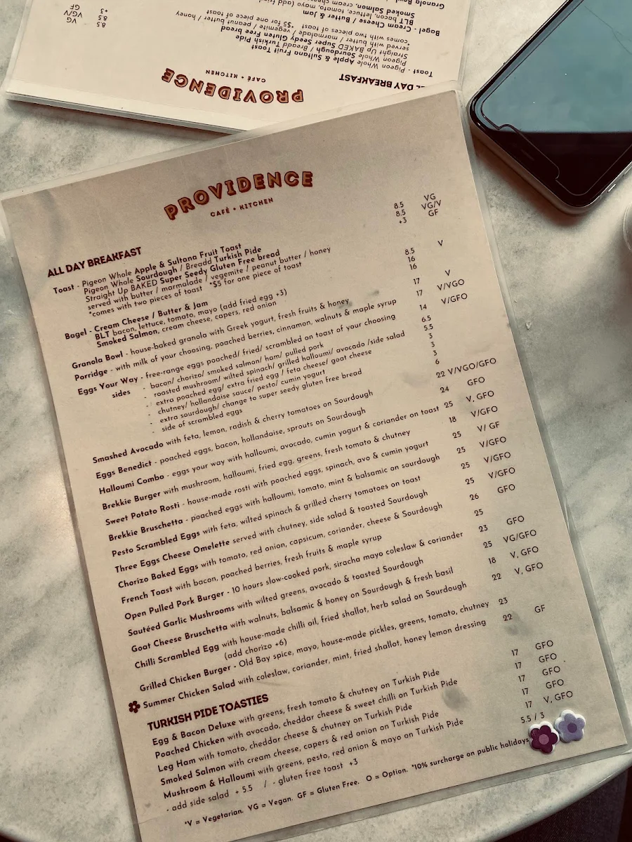 Menu, Providence Cafe & Bar